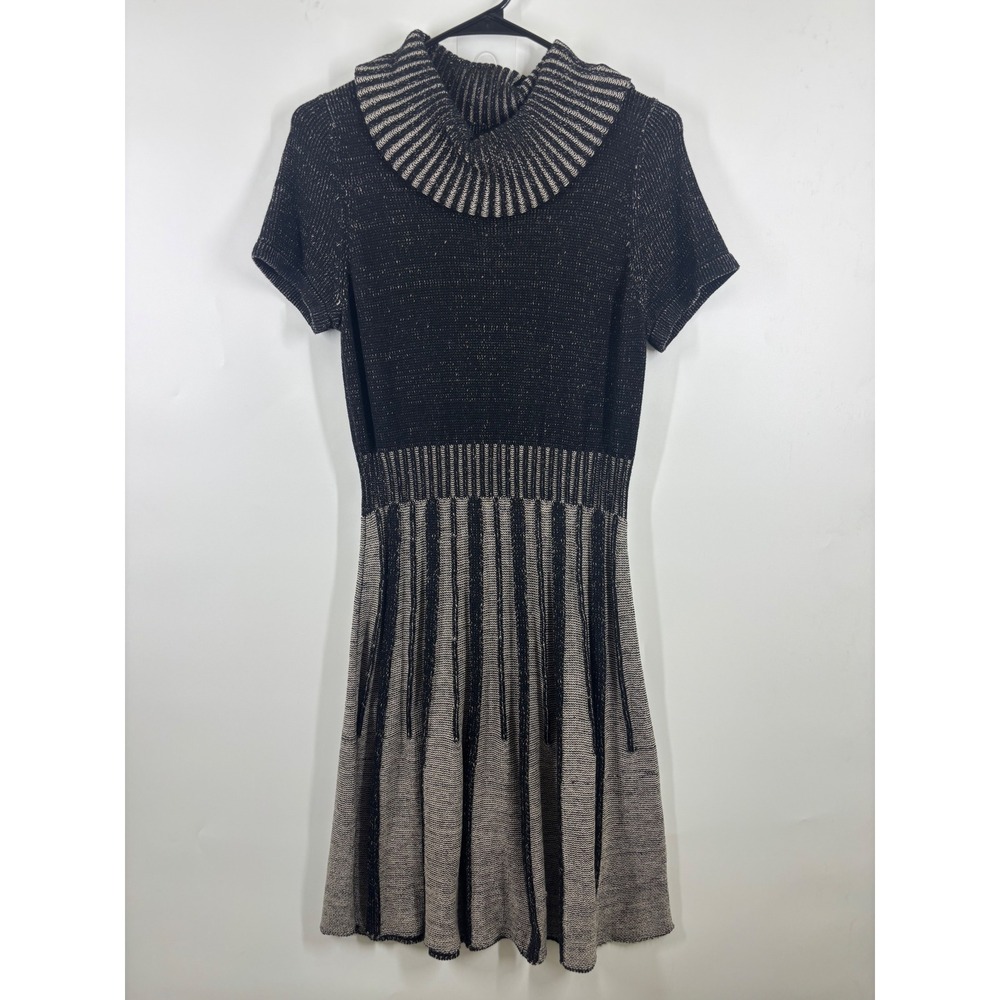 Alfani Petite Black Silver Metallic Cowl Neck Fit Flare Sweater Dress PL
